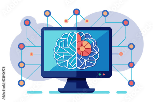 
Modern digital workspace showing artificial intelligence technology with holographic data analytics and virtual dashboards. A professional working on a laptop surrounded by futuristic AI visualizatio