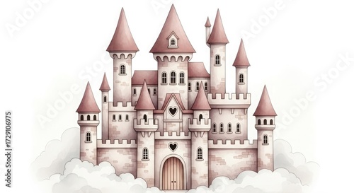 Pink Fairytale Castle on Clouds Watercolor Illustration