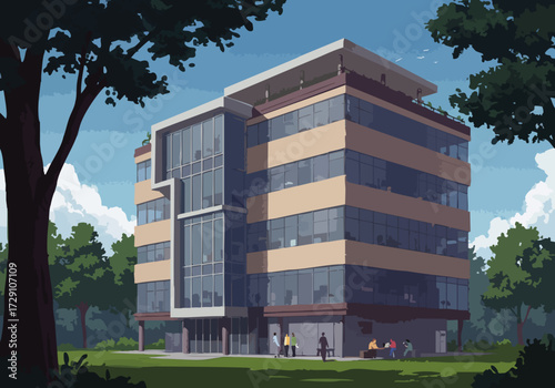 Modern Office Building Exterior in Green Park Setting Commercial Real Estate