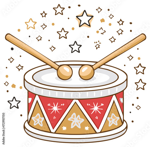 Toy drum with drumsticks and sparkling stars illustration for festive celebrations