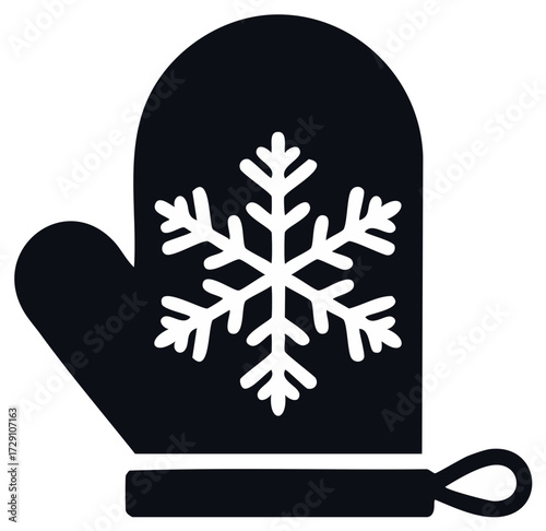 Winter Mitten Icon with Snowflake Design Black and White