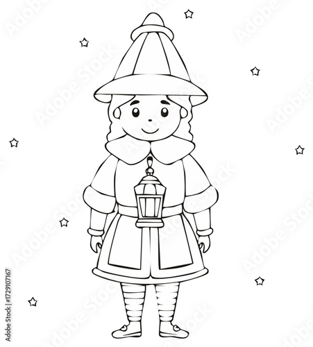 Coloring page of a cute girl in a vintage costume holding a lantern surrounded by stars