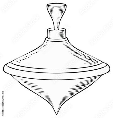 Monochrome vector illustration of a spinning top toy with geometric shapes and stripes