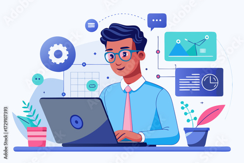 
Modern digital workspace showing artificial intelligence technology with holographic data analytics and virtual dashboards. A professional working on a laptop surrounded by futuristic AI visualizatio