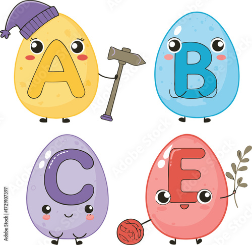 Cute Cartoon Easter Eggs with Letters ABCE and Accessories kawaii alphabet