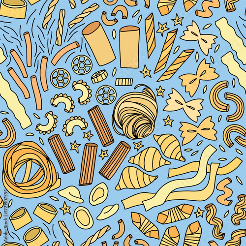 Seamless pasta pattern with macaroni, farfalle, fusilli and spaghetti on blue in doodle style