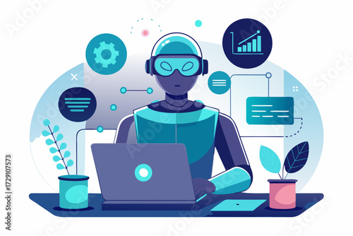 
Modern digital workspace showing artificial intelligence technology with holographic data analytics and virtual dashboards. A professional working on a laptop surrounded by futuristic AI visualizatio