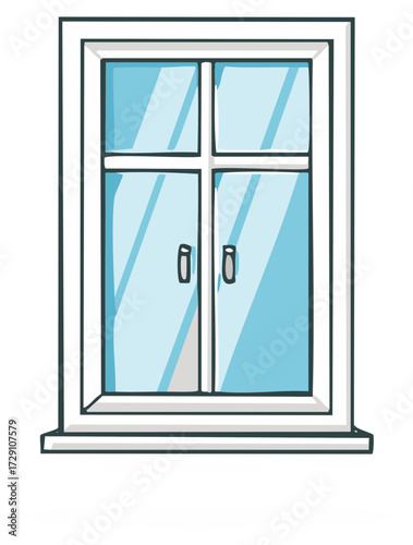 Cartoon illustration of a simple white domestic window frame with bright blue glass panes