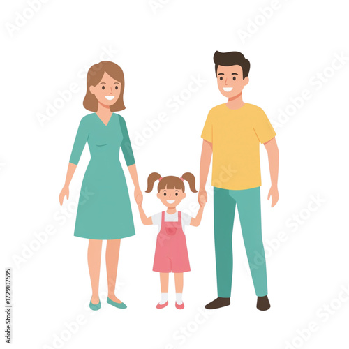 Happy Multi-Generational Family Vector Illustration – Smiling Mother, Father, and Daughter in Warm Colors on White Background