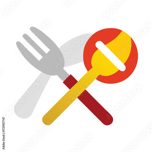 A stylized illustration of a fork and a spoon crossed over each other with a circular graphic element in the background suggesting a target or a plate
