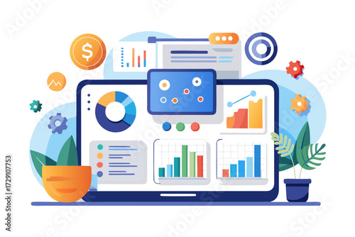 
Modern digital workspace showing artificial intelligence technology with holographic data analytics and virtual dashboards. A professional working on a laptop surrounded by futuristic AI visualizatio