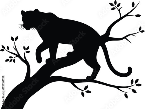 Black panther climbing tree branches silhouette