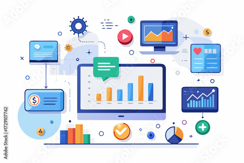 
Modern digital workspace showing artificial intelligence technology with holographic data analytics and virtual dashboards. A professional working on a laptop surrounded by futuristic AI visualizatio