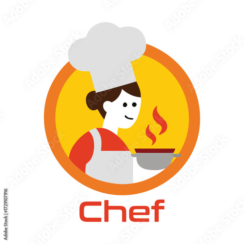 A cheerful female chef wearing a traditional tall white toque hat and apron holding a cooking pan with steam rising representing culinary arts and food preparation