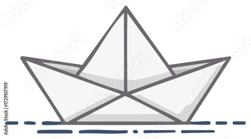 Simple Paper Boat Floating on Water Cartoon Icon Illustration