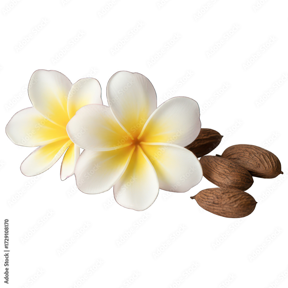 Fototapeta premium Two plumeria flowers, with brown nuts, in a floral arrangement