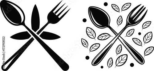Hand drawn illustration of crossed fork spoon and knife on white background with a second image of crossed fork and spoon surrounded by leaves in a sketch style
