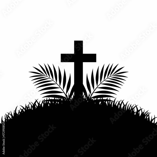 Silhouette of a christian cross with palm fronds and grass vector illustration scalable eps icon silhouette white background