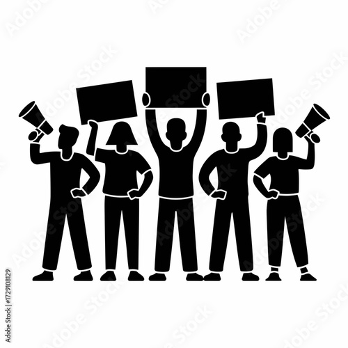 Vector silhouette illustration of a group of diverse people protesting with signs and megaphones silhouette white background