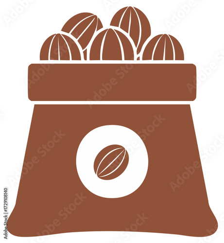 Brown sack filled with coffee beans illustration with a single coffee bean icon on the front