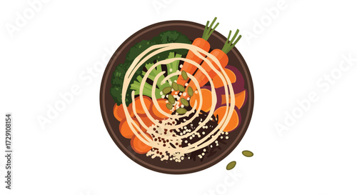 Healthy Vegan Bowl Fresh Carrots Broccoli and Seeds with Creamy Dressing