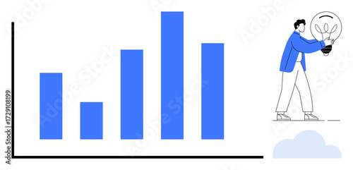 Blue bar graph showing data trends, person holding lightbulb symbolizing ideas, innovation, progress, and success. Ideal for analytics, strategy, business, innovation technology goals teamwork