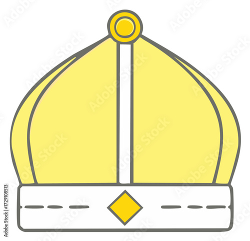 Stylized yellow crown with outlined shape. Royal symbol with diamond, stripes and outlined frame, in a cartoonish simple representation.