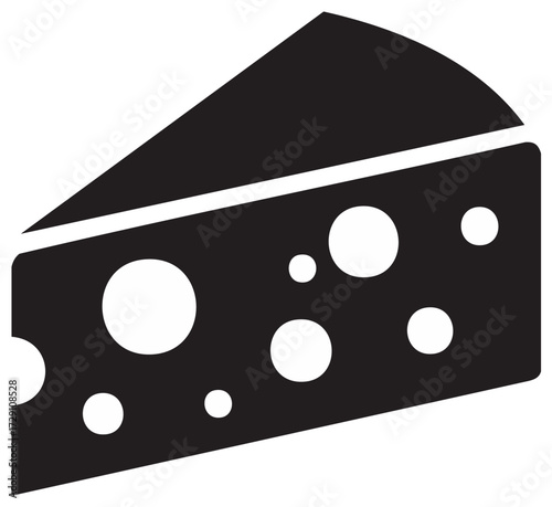 Minimalist black and white icon of a wedge of Swiss cheese with holes. Simple food symbol or graphic for dairy products.