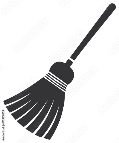 A Simple Dark Gray Silhouette of a Broom with a Long Handle and Bristles