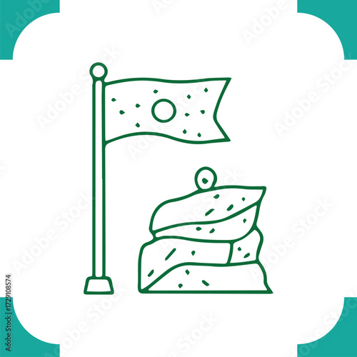 Simple line art icon of a flag planted on a rocky peak.