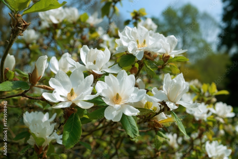 Obraz premium Close-up of white star magnolia blooms in spring