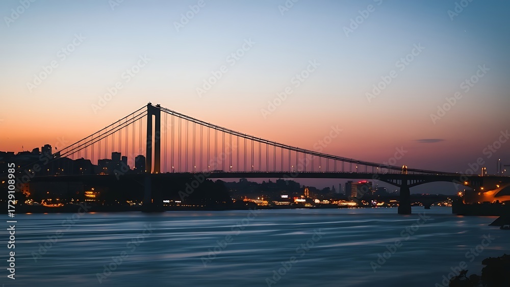 Fototapeta premium Silhouetted suspension bridge at dusk with city lights