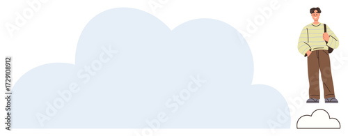Man carrying a shoulder bag standing next to oversized cloud shape in a clean composition. Ideal for technology, imagination, storage, innovation, simplicity, connectivity, minimalism. A simple flat
