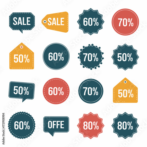 Clean minimalist vector illustration set of sale discount price tags and icons silhouette white background