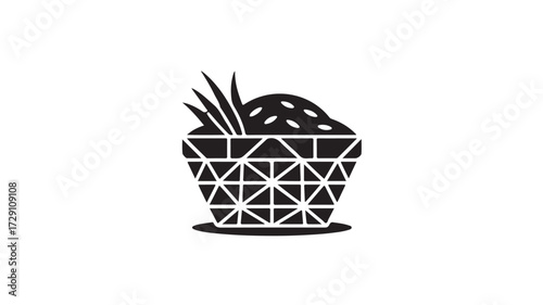 Stylized abstract representation of a basket filled with organic produce, featuring geometric patterns and natural elements for a modern, clean aesthetic perfect for branding or design projects.