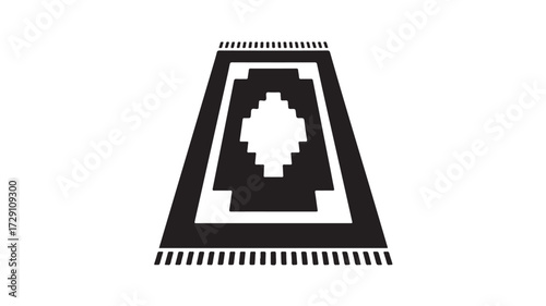 Elegant black and white geometric rug design with tribal patterns and fringed edges, perfect for home decor and interior design projects, adding warmth and style to any space.