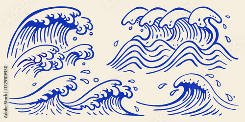 Stylized blue ocean waves and water droplets in a simple line art design on a cream background