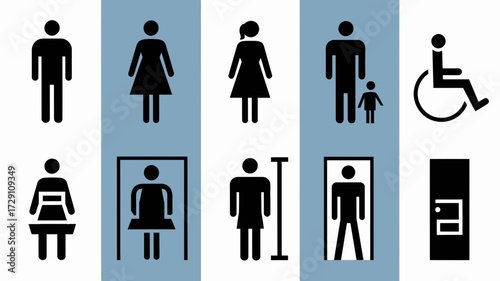 Collection of 10 vector silhouettes for public restroom and accessibility signage silhouette white background