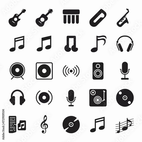 Collection of 20 distinct music-related vector graphics icons for diverse design needs silhouette white background