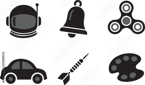Collection of six black and white vector icons representing toys and hobbies.