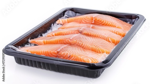 Fish in Tray on White Background – a clean and minimal composition. The neatly arranged fish on a tray against a white background presents a fresh and simple visual aesthetic.