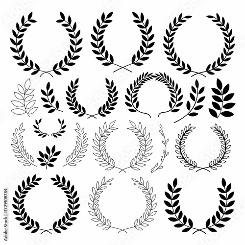Collection of elegant black laurel wreath vector illustrations for declarative design projects silhouette white background