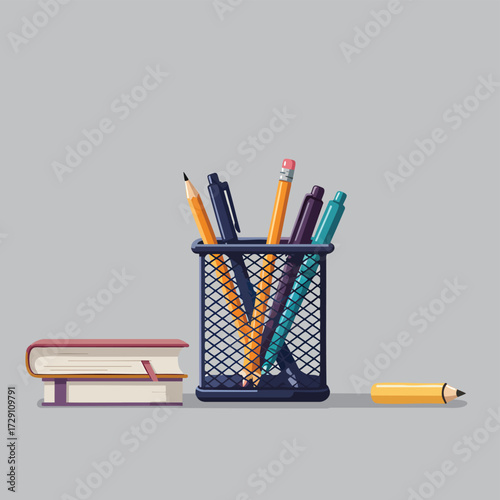 Office Supplies Pencil Holder with Pens Pencils and Books on Grey Background
