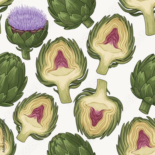 A seamless pattern of fresh whole and sliced artichokes.