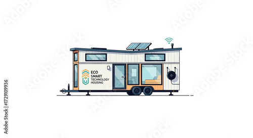 Illustration of compact eco smart house with solar panels designed for modern living