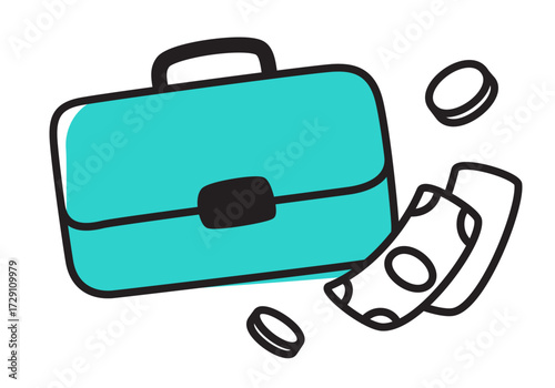 Briefcase with banknotes and coins