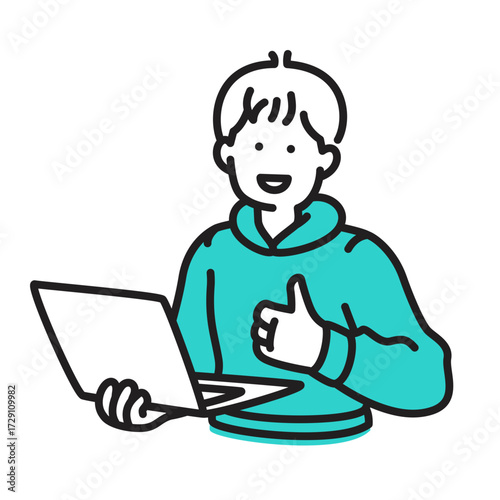 Man with laptop showing thumbs up