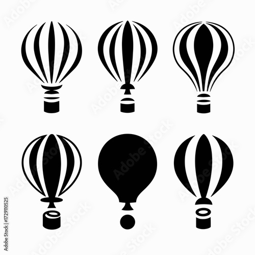 Six crisp black and white vector illustrations of hot air balloons scalable for design silhouette white background