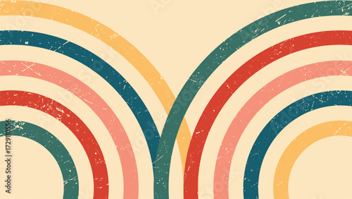 Retrostyle design featuring colorful stacked rainbow arches, perfect for adding a fun and vibrant touch to various projects. Great for rainbowthemed designs or nostalgic concepts.