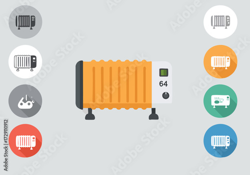 Oil filled Electric Radiator Heater with Flat Icon Set Energy Efficient Warming